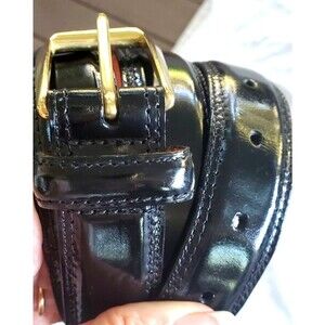 COLE HAAN Mens Black Smooth Leather Belt Solid Brass Gold Buckle Size 42/105